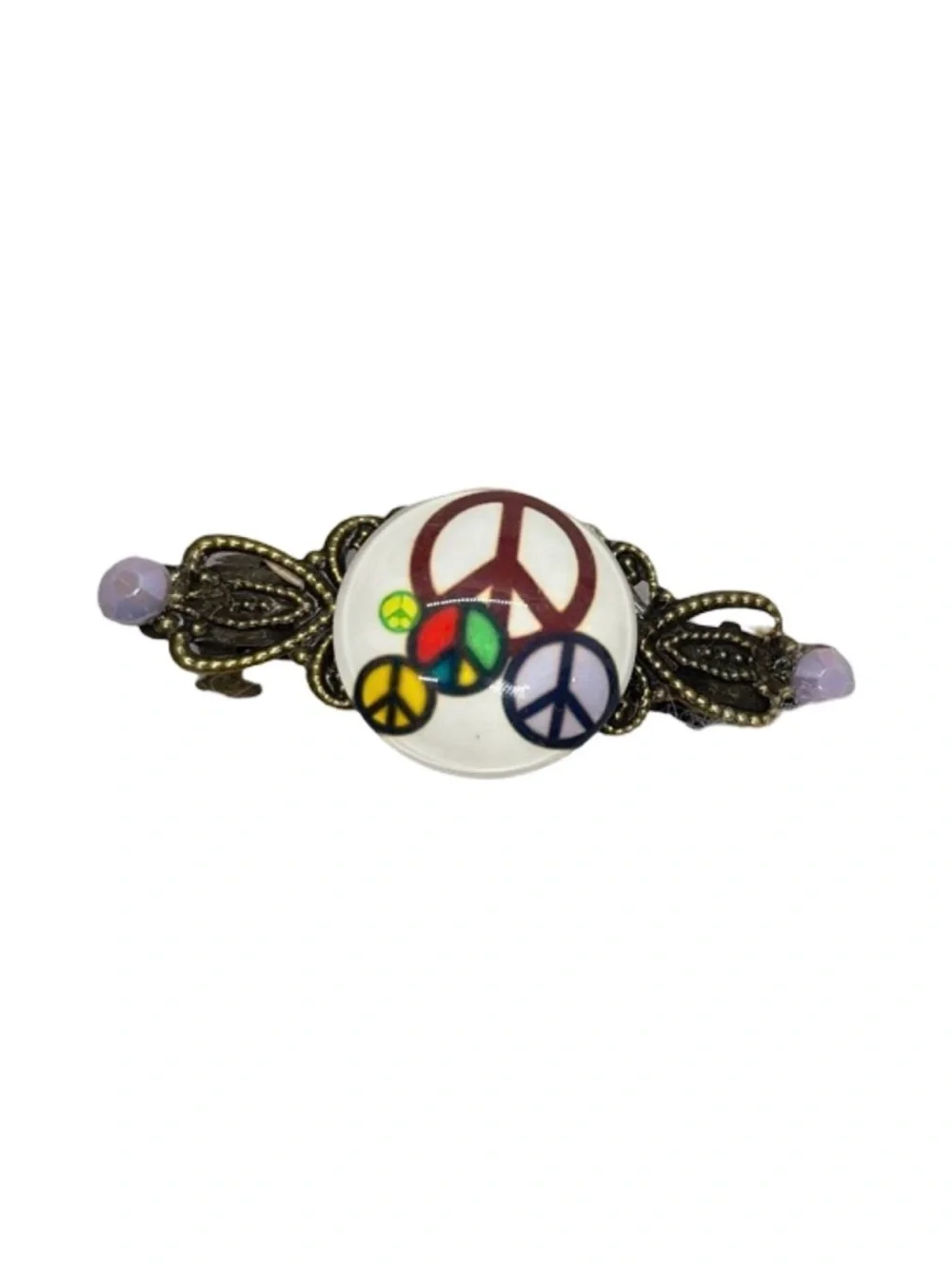 Peace Sign Decorative Barrette -White Multicolor Peace Symbols FINAL PRICE DROP